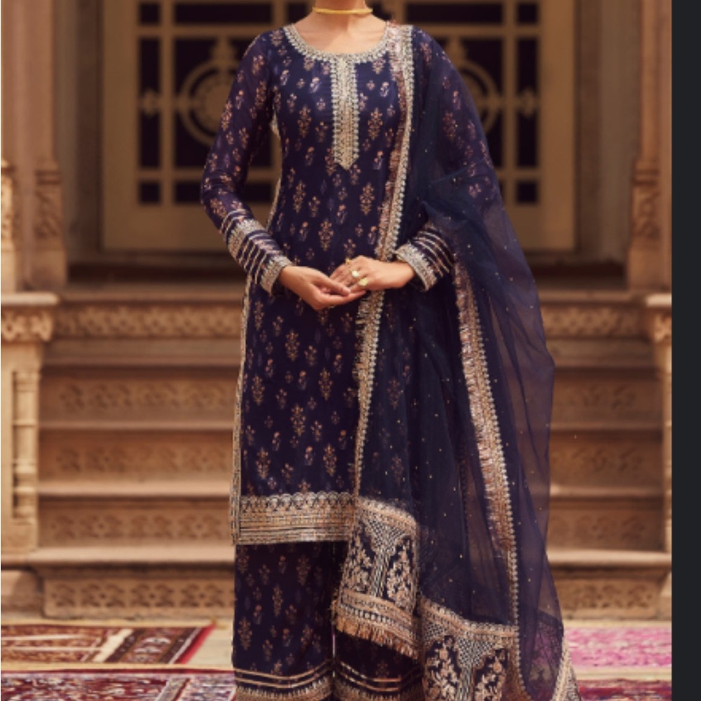 Elegant Navy Blue Kurta with Intricate Embroidery - Picture 1 of 2